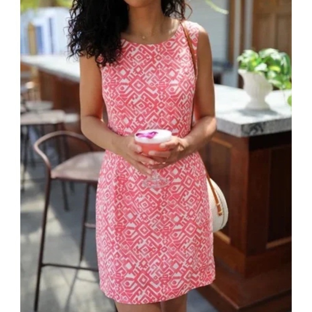 HIHO Tortola BVI Linen Pink White Geometric Sleeveless Zip Shift Dress Large New